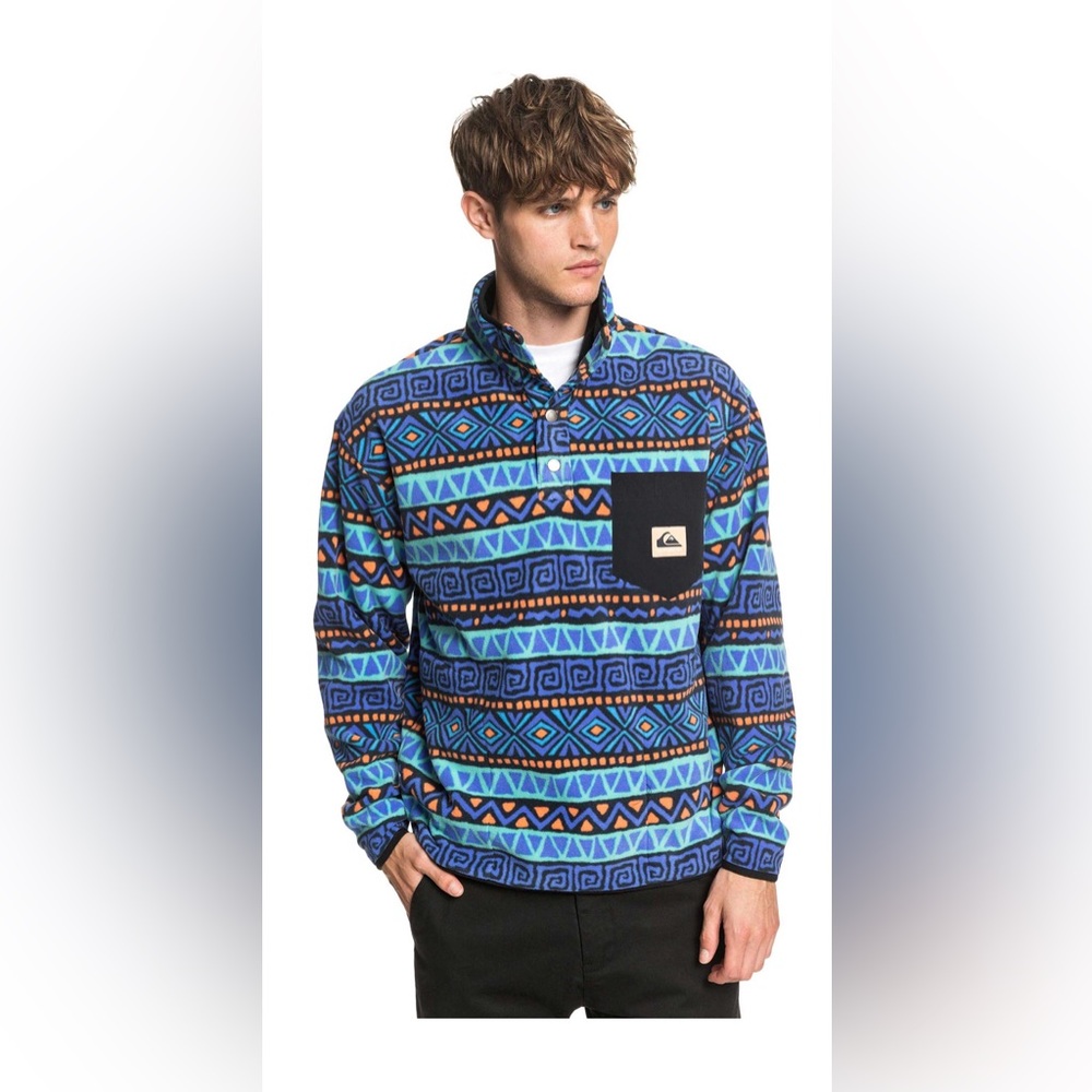 Quiksilver Heritage Printed Polar Fleece Pullover Mens Small Blue Geometric